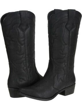 Women's Ladies Western Wide Calf Cowgirl Black Embroidered Fashion Boots